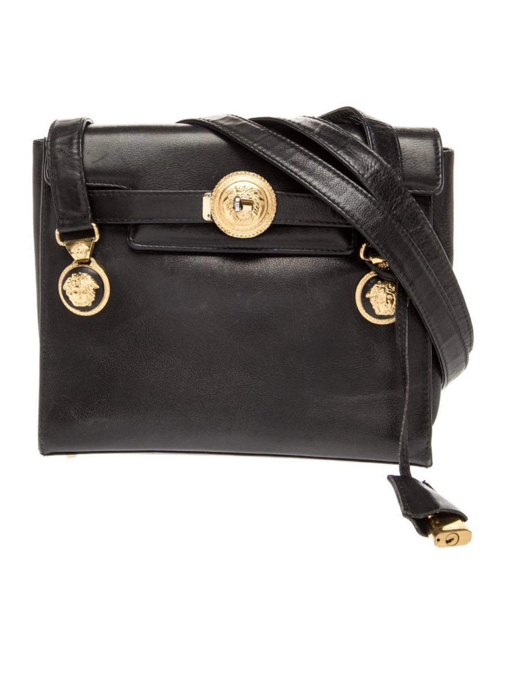 Versace Black Leather Crossbody with Gold Medallion Accents